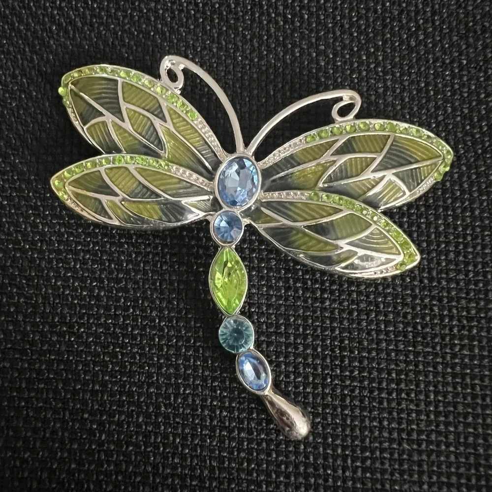 Vtg Napier Silver Tone Green Enamel Blue Crystal Dragonfly Brooch Fairycore